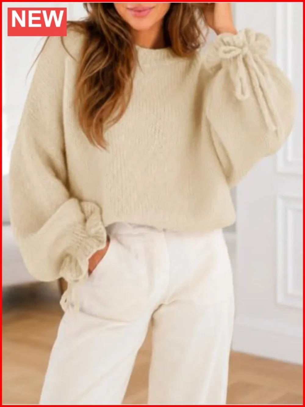 Oversized Chunky Knit Ruffle Sleeve Crew Neck Pullover Sweater
